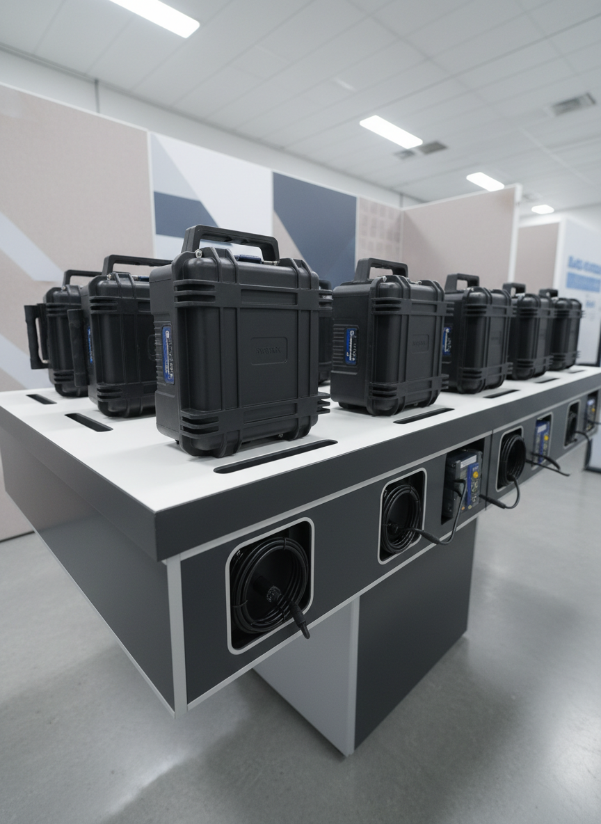 An array of robust, portable seismic sensors encased in weatherproof graphite-black housings, neatly aligned on a structured display table with integrated cable management. The setting is an equipment checkout area with smooth concrete flooring, neutral backdrop partitions, and subtle geometric wall accents. Bright, even artificial lighting from above creates soft reflections on the hardware, enhancing a sense of order and readiness. The mood is pragmatic, efficient, and trustworthy, captured from a low-angle perspective that grounds the viewers’ attention in the equipment details. The image is composed with clear lines, meticulous spacing, and a modern corporate aesthetic that embodies professional reliability.
