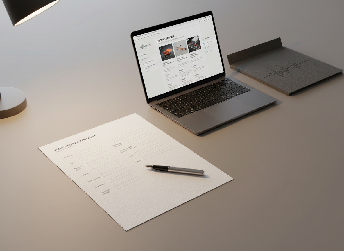 A streamlined seismic equipment application form, immaculately printed on crisp, textured off-white paper, positioned beside a slim graphite laptop and an embossed folder featuring a seismic wave motif. The setting is a minimalist work surface with neutral taupe tones, uncluttered except for a high-quality pen and a digitized catalog open on the laptop screen. Gentle LED desk lamp lighting creates even illumination and slight soft shadows, instilling a sense of focus and efficiency. Photographed from a slightly elevated, three-quarters angle and composed along the rule of thirds, the image feels modern and structured, complementing the site's application process focus.