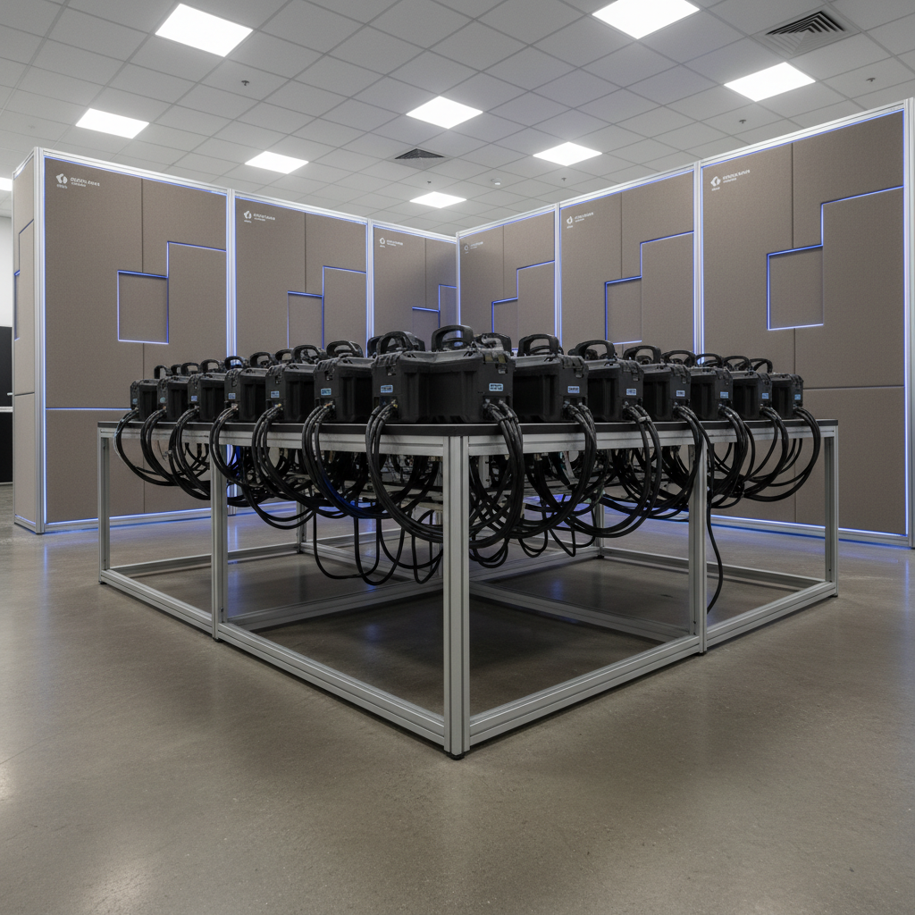 An array of robust, portable seismic sensors encased in weatherproof graphite-black housings, neatly aligned on a structured display table with integrated cable management. The setting is an equipment checkout area with smooth concrete flooring, neutral backdrop partitions, and subtle geometric wall accents. Bright, even artificial lighting from above creates soft reflections on the hardware, enhancing a sense of order and readiness. The mood is pragmatic, efficient, and trustworthy, captured from a low-angle perspective that grounds the viewers’ attention in the equipment details. The image is composed with clear lines, meticulous spacing, and a modern corporate aesthetic that embodies professional reliability.
