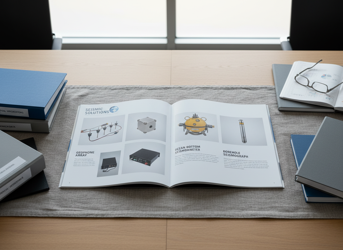 A detailed catalog spread showcasing high-resolution, photographic images of seismic instruments carefully inset within a structured, minimalist page layout. Each instrument’s neutral backdrop and clear titling contribute to an immaculate, professional appearance. The setting is a sleek, corporate conference table topped with a neutral linen runner, flanked by tightly arranged binders and technical documentation. Cool, diffused daylight from a frosted-glass window casts soft, even light with minimal shadow, emphasizing clarity and order. The shot is captured from directly above with sharp clarity and balanced alignment, reinforcing an atmosphere of professionalism, scientific rigor, and accessibility.