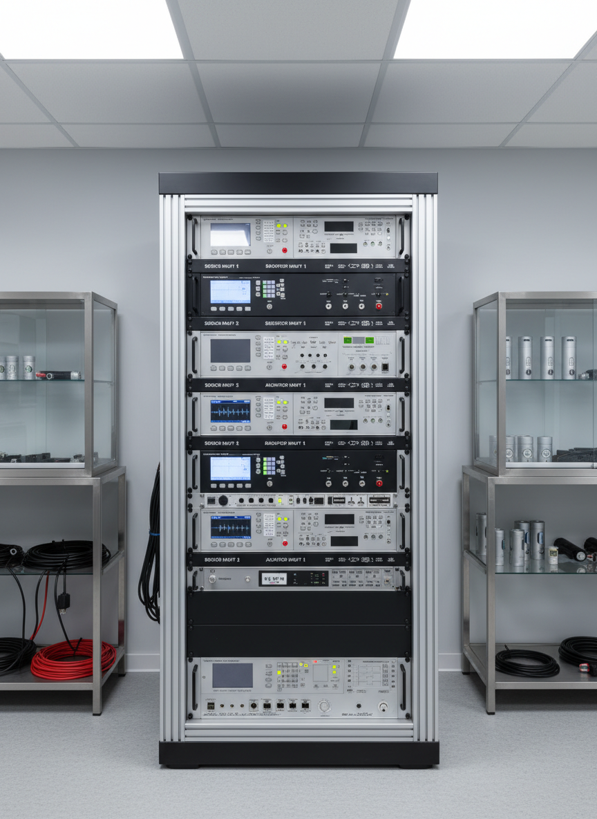 A professional, modern seismic instrument rack featuring gleaming brushed aluminum and matte black steel equipment, each with crisp digital displays and neatly labeled ports. The rack sits against a neutral-toned wall in a well-organized research lab, surrounded by clean shelving and glass-fronted storage cabinets holding coiled cables and sensors. Diffused overhead LED panel lighting bathes the scene in cool, even light, minimizing harsh shadows and maximizing clarity. The composition uses a centered, eye-level perspective with sharp focus throughout, giving a structured and balanced feel. The mood is precise, calm, and disciplined, perfectly matching the seriousness of scientific research. The photographic realism and corporate aesthetic reinforce the site's purpose as a catalog for professional-grade seismic equipment.