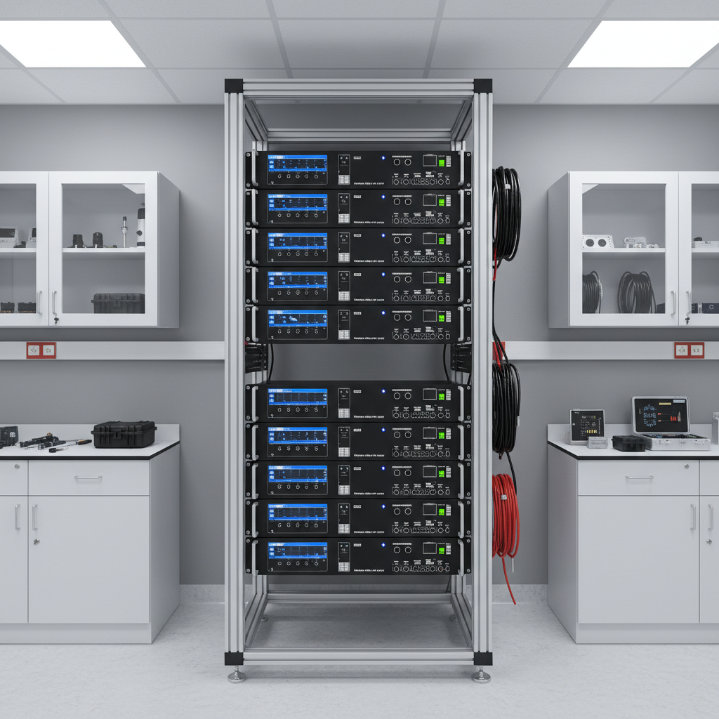 A professional, modern seismic instrument rack featuring gleaming brushed aluminum and matte black steel equipment, each with crisp digital displays and neatly labeled ports. The rack sits against a neutral-toned wall in a well-organized research lab, surrounded by clean shelving and glass-fronted storage cabinets holding coiled cables and sensors. Diffused overhead LED panel lighting bathes the scene in cool, even light, minimizing harsh shadows and maximizing clarity. The composition uses a centered, eye-level perspective with sharp focus throughout, giving a structured and balanced feel. The mood is precise, calm, and disciplined, perfectly matching the seriousness of scientific research. The photographic realism and corporate aesthetic reinforce the site's purpose as a catalog for professional-grade seismic equipment.
